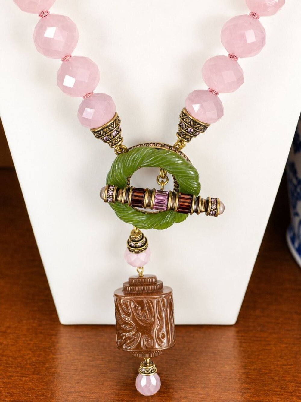Heidi Daus Asian Inspired Rose Quartz Swarovski Crystal Toggle Necklace - Picture 4 of 8